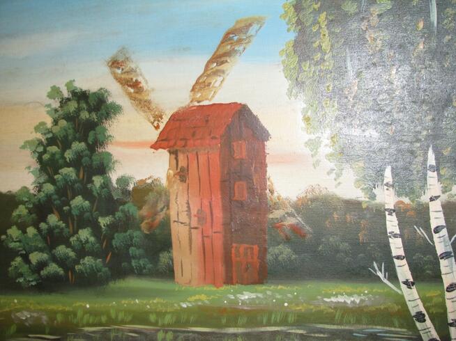 Duży, stary obraz olejny na płótnie w ramie 57x105 Wiatrak