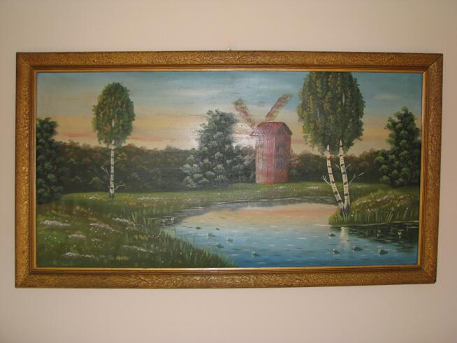 Duży, stary obraz olejny na płótnie w ramie 57x105 Wiatrak