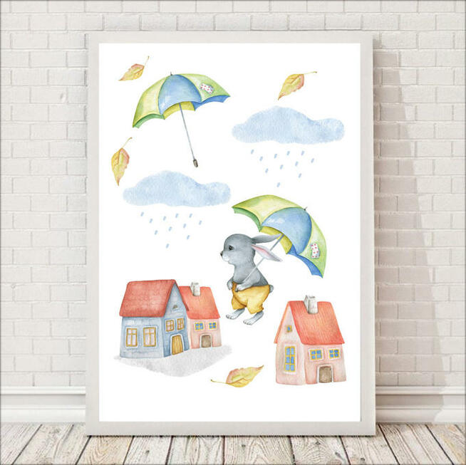 Pastelowy plakat dla dzieci króliczek w deszczu A3
