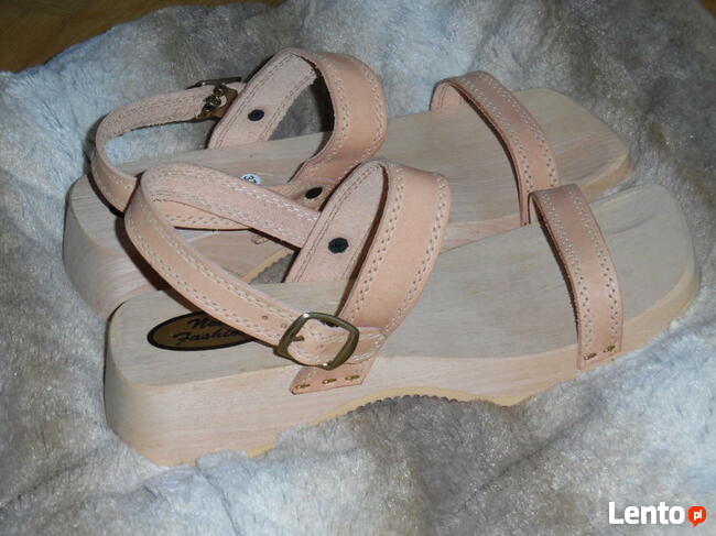 Sandały na spodzie drewnianym, wierzch skóra JUCHT