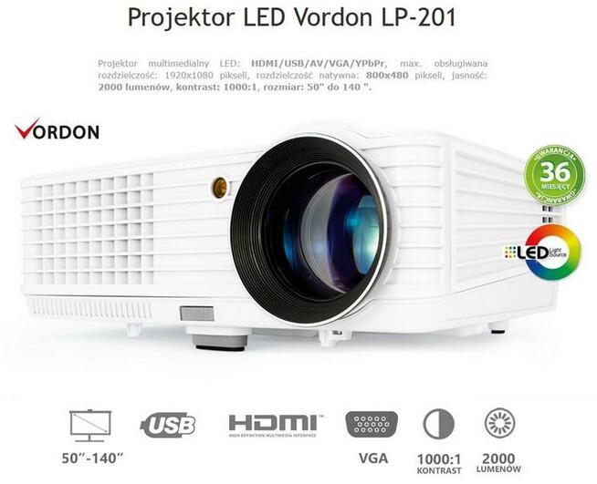 Projektor LED Vordon LP-201 plus ekran 175 cm