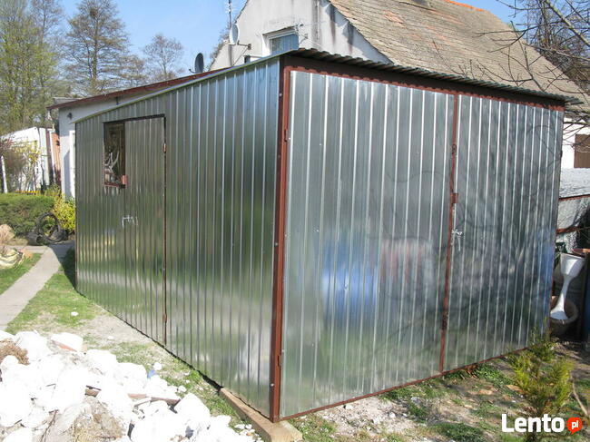 Garaż 3x5 blaszany ocynk, spad w tył, brama dwuskrzydłowa