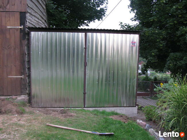 Garaż 3x5 blaszany ocynk, spad w tył, brama dwuskrzydłowa