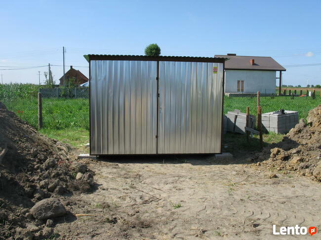 Garaż 3x5 blaszany ocynk, spad w tył, brama dwuskrzydłowa