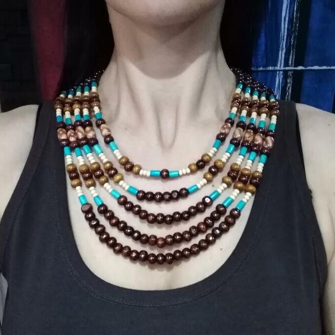 Duży naszyjnik boho etno z drewnianych koralików brąz turkus