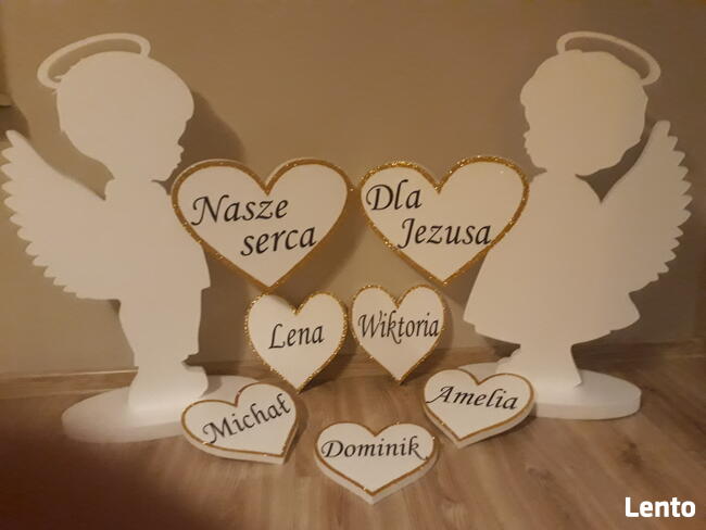 Aniołki z sercami dekoracja Pierwsza Komunia