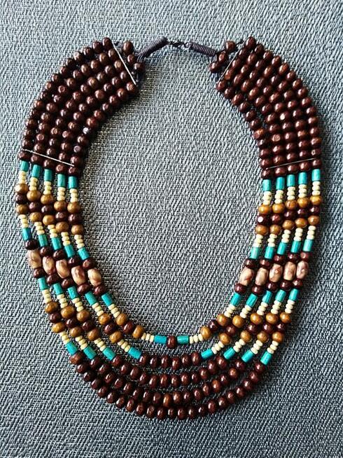 Duży naszyjnik boho etno z drewnianych koralików brąz turkus