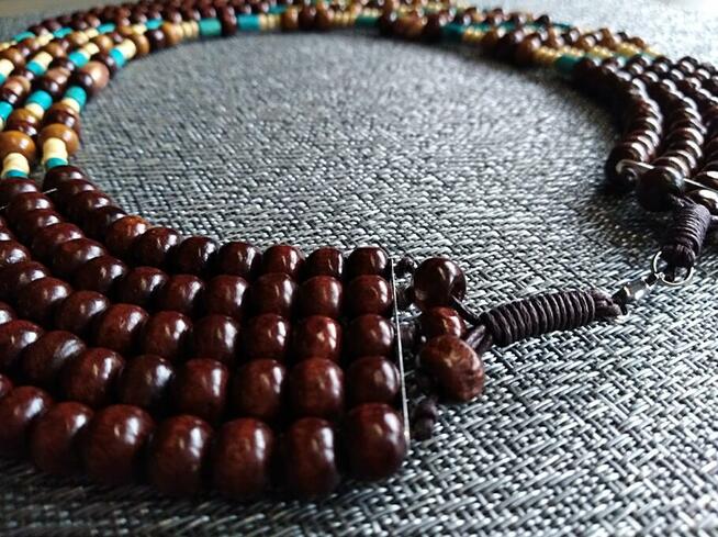 Duży naszyjnik boho etno z drewnianych koralików brąz turkus