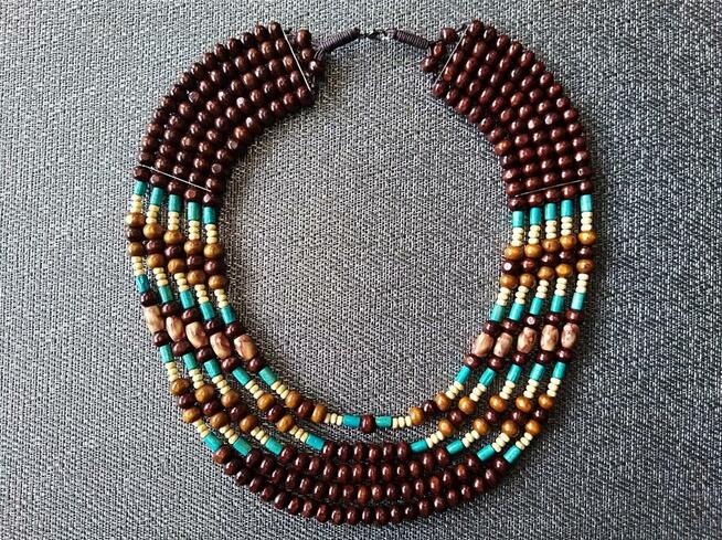 Duży naszyjnik boho etno z drewnianych koralików brąz turkus