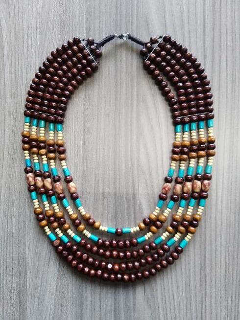 Duży naszyjnik boho etno z drewnianych koralików brąz turkus
