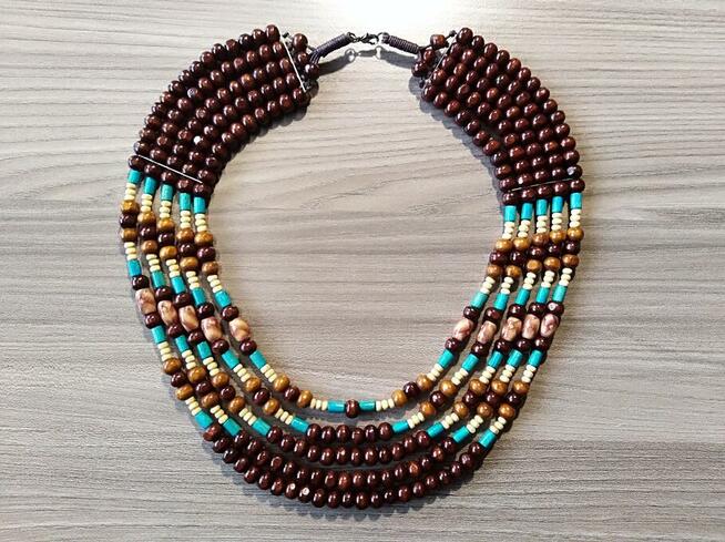 Duży naszyjnik boho etno z drewnianych koralików brąz turkus