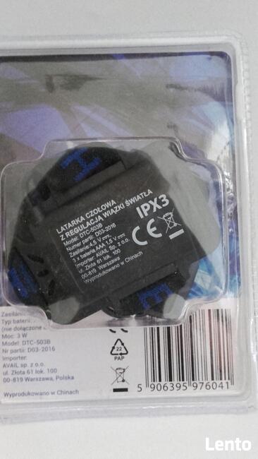 Latarka czołowa, czołówka IPX3 z regulacją światła | Nowa