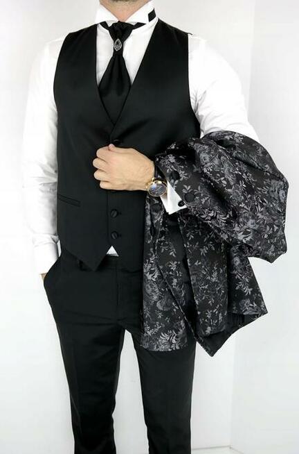 Garnitur męski z kamizelką i krawatem kwiaty XXXL