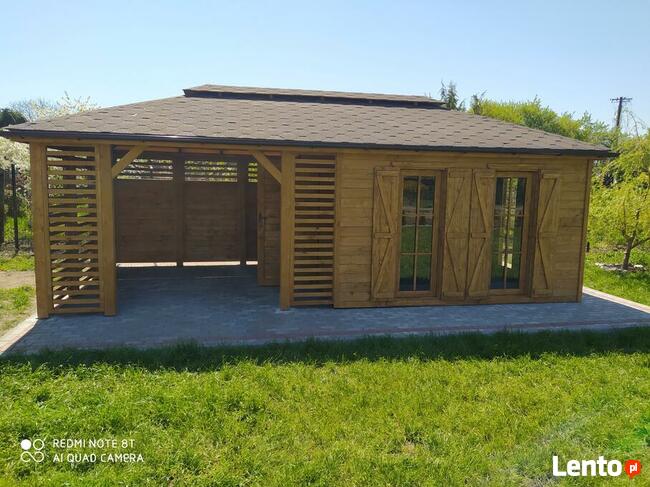 Drewniana altana i domek - konstrukcja ogrodowa 2w1 z oknami