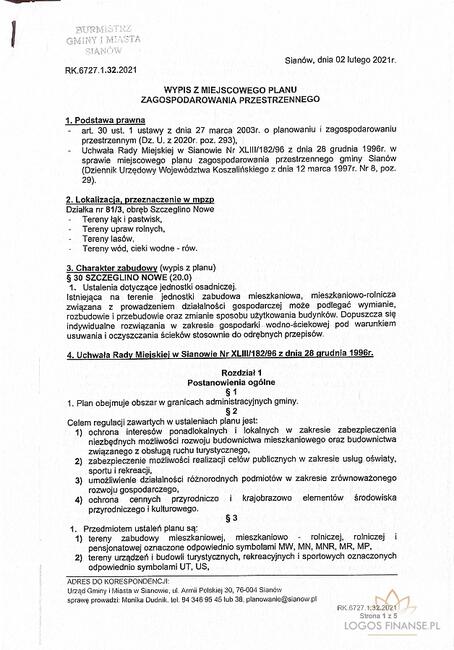 Działka budowlana Szczeglino gm. Sianów Szczeglino, Szczeglino