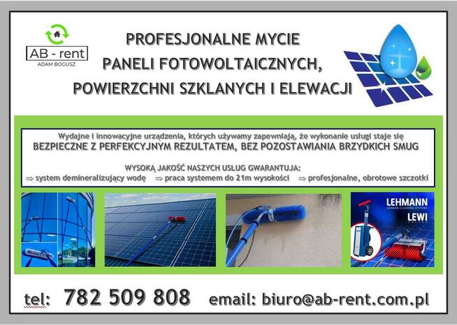 Mycie paneli fotowoltaicznych słonecznych, mycie przeszkleń