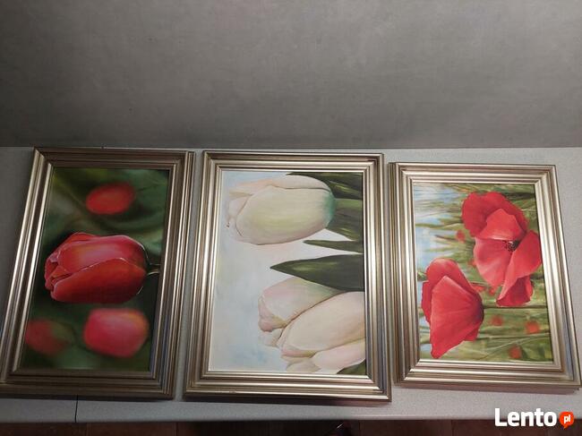 Kwiaty w jasnozłotej ramie ( trzy obrazy)