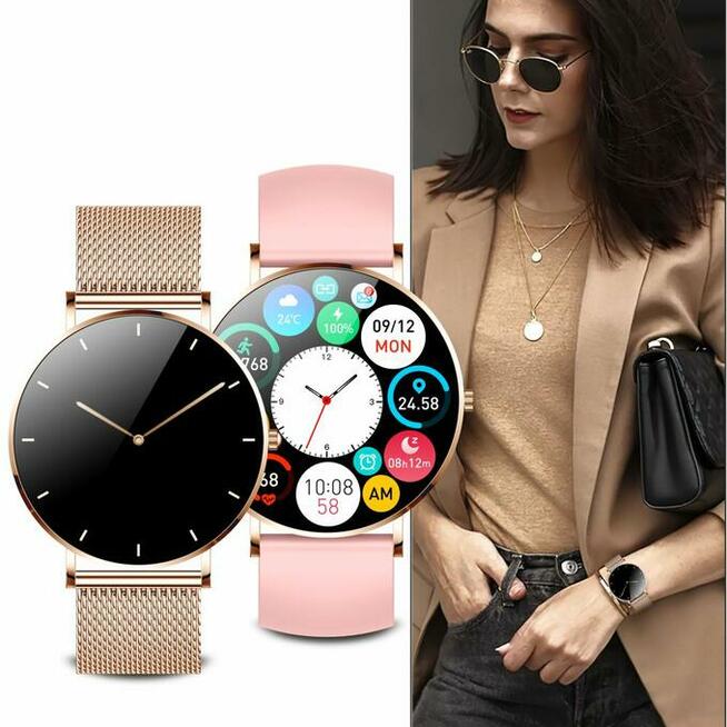 Smartwatch zegarek damski Manta Alexa złoty + różowy pasek