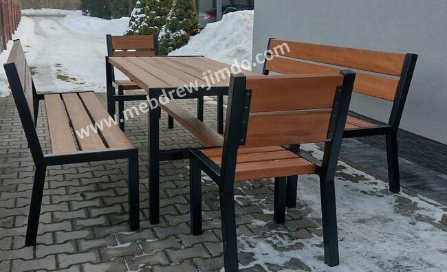 Zestaw loftowy stół ogrodowy drewniany 2 ławki 2 fotele
