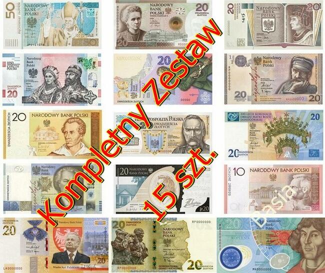 15 szt ORYGINALNE Banknoty Kolekcjonerskie NBP Zestaw Komple