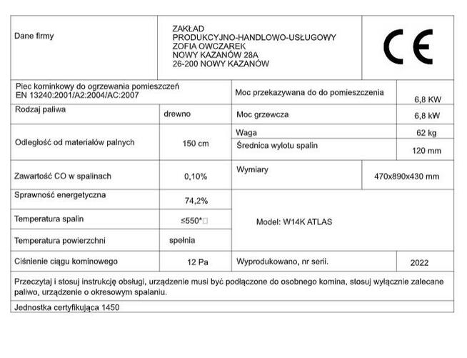 Piec ATLAS 6,8KW Koza Wolnostojący Stalowy Polski Eko2022
