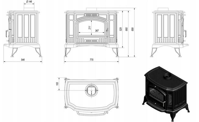 Piec Wolnostojący Żeliwny Kominek Koza k9 10kW