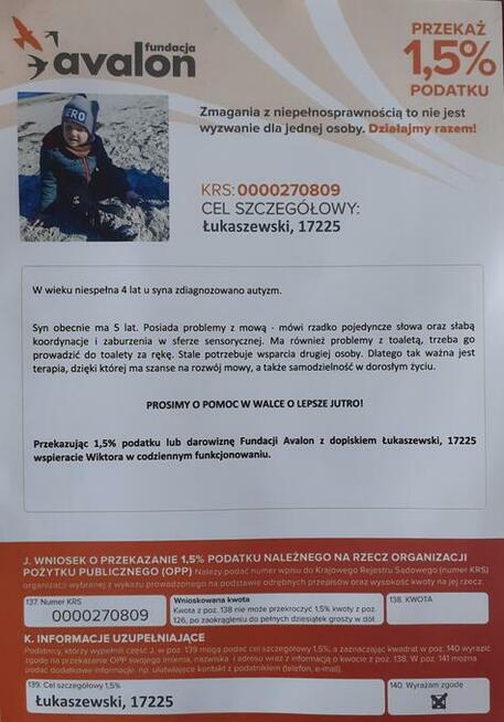 Proszę o przekazanie 1,5 % podatku.