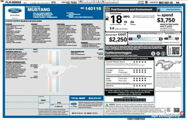 Wyposażenie Window Sticker Auta z USA & Kanada