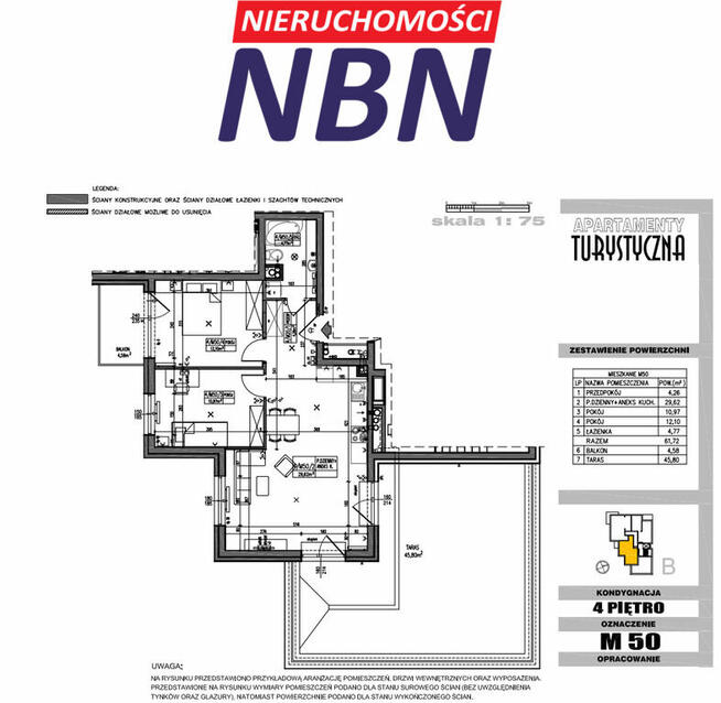 NOWE>3 POKOJE + Balkon 4,58 m2 + Taras 48,50 m2