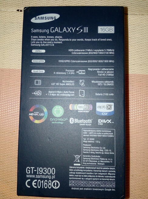 pudełko po telefonie SAMSUNG GALAXY S III