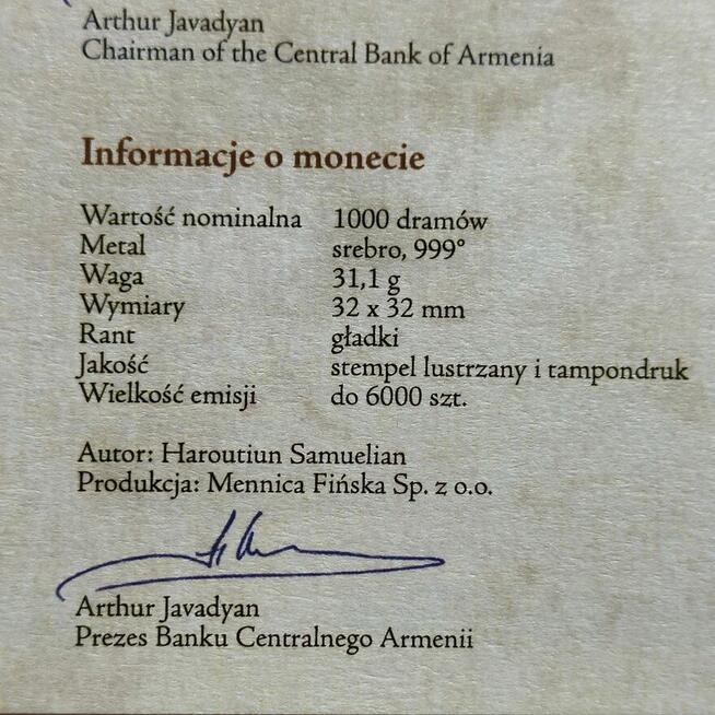 Monety Sakralne Armenia Srebro 999