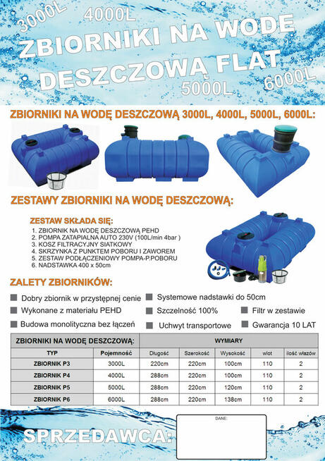 Zbiornik na wodę deszczową 6000L FLAT z Pompą Auto 230V