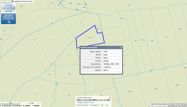 Grunt leśny 1,4 ha woj. małopolskie, pow. gorlicki, gm. Ropa