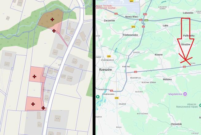 Działka Strażów / Rzeszów z WZ oraz mediami, droga asfaltowa