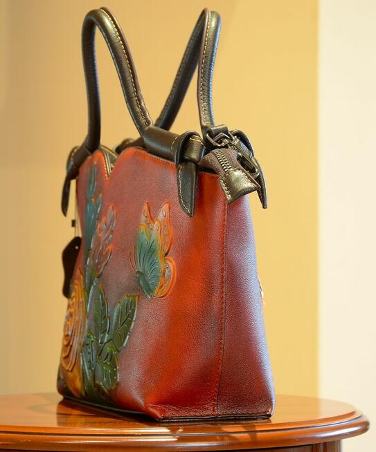 Piękna Damska Torebka Skórzana We Wzór Kwiatów 3D SKÓRA NATU