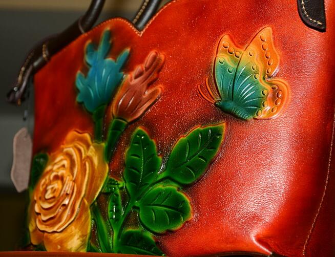 Piękna Damska Torebka Skórzana We Wzór Kwiatów 3D SKÓRA NATU