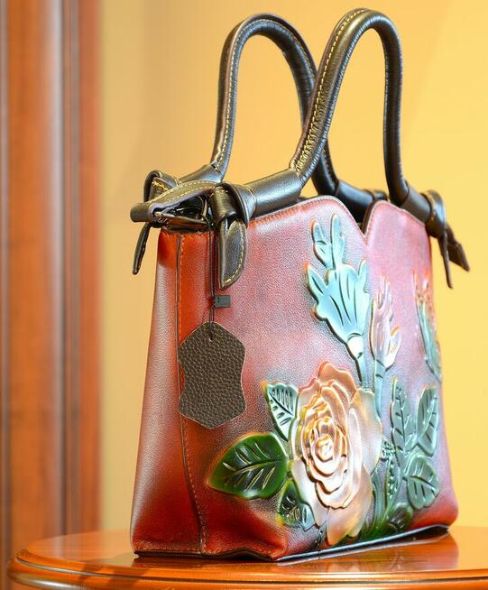 Piękna Damska Torebka Skórzana We Wzór Kwiatów 3D SKÓRA NATU