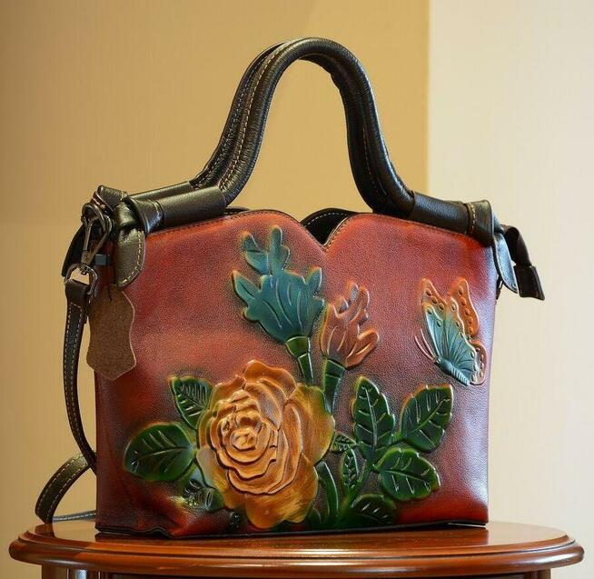 Piękna Damska Torebka Skórzana We Wzór Kwiatów 3D SKÓRA NATU