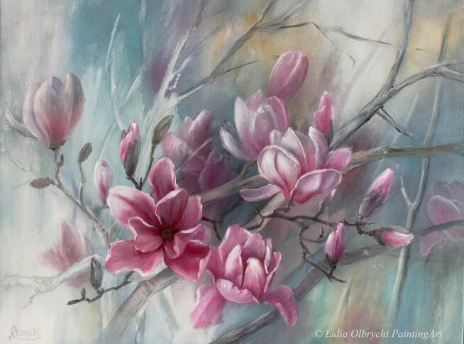 Magnolia, ręcznie malowany olejny, Lidia Olbrycht