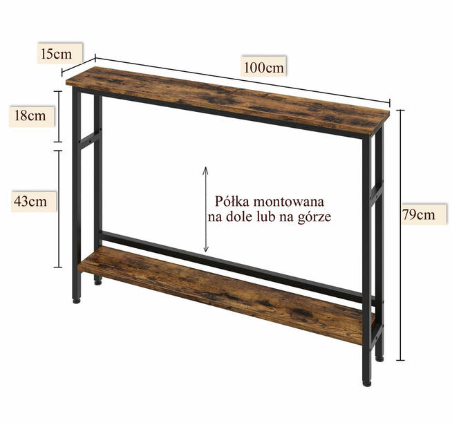 konsola stolik loft drewno dębowe lite na metalowych nogach