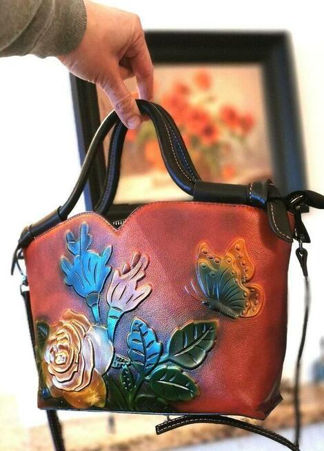 Piękna Damska Torebka Skórzana We Wzór Kwiatów 3D SKÓRA NATU