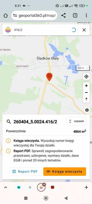 Sprzedam działkę 0,48 h w m. Śladków Mały