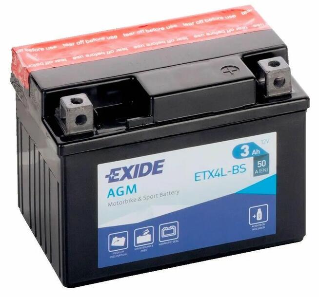 Akumulator motocyklowy 3Ah 50A EXIDE ETX4L-BS YTX4L-BS 12V