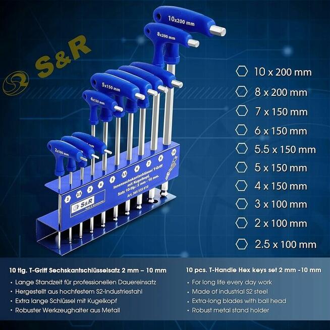 Zestaw kluczy imbusowych, sześciokątny, 10 szt. S&R
