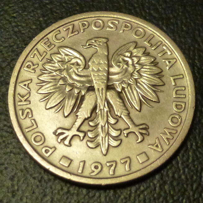 Moneta 2 złote 1977 r. z obiegu, bez znaku mennicy. Okres PR