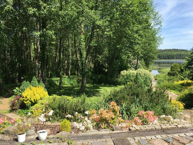 Dom z linią brzegową jeziora i pomostem