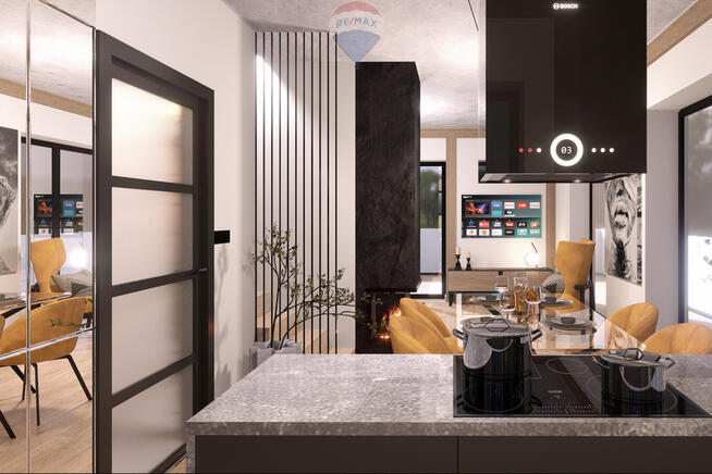 Dom jednorodziny z wiatą w otoczeniu lasu i potoku