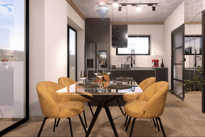 Dom jednorodziny z wiatą w otoczeniu lasu i potoku