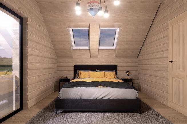 Dom jednorodziny z wiatą w otoczeniu lasu i potoku