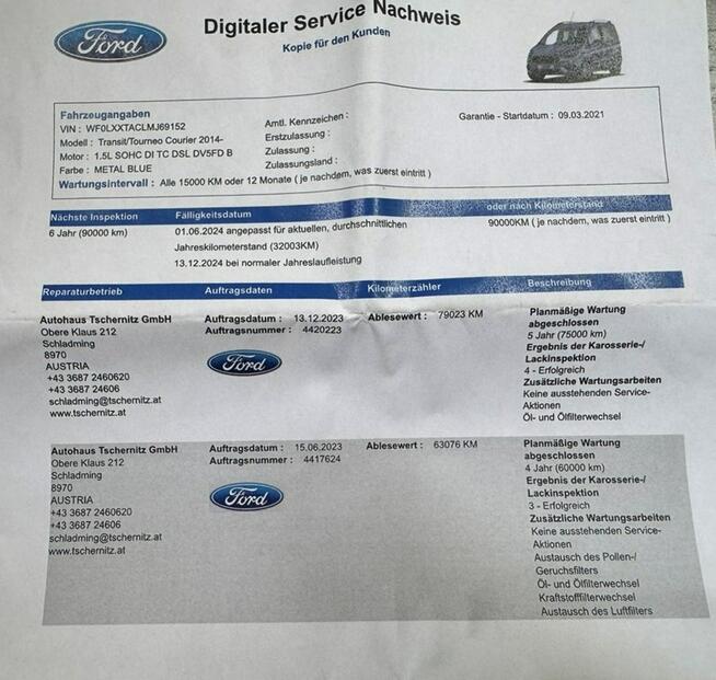 Ford Tourneo Courier Pisemna Gwarancja 12 miesięcy